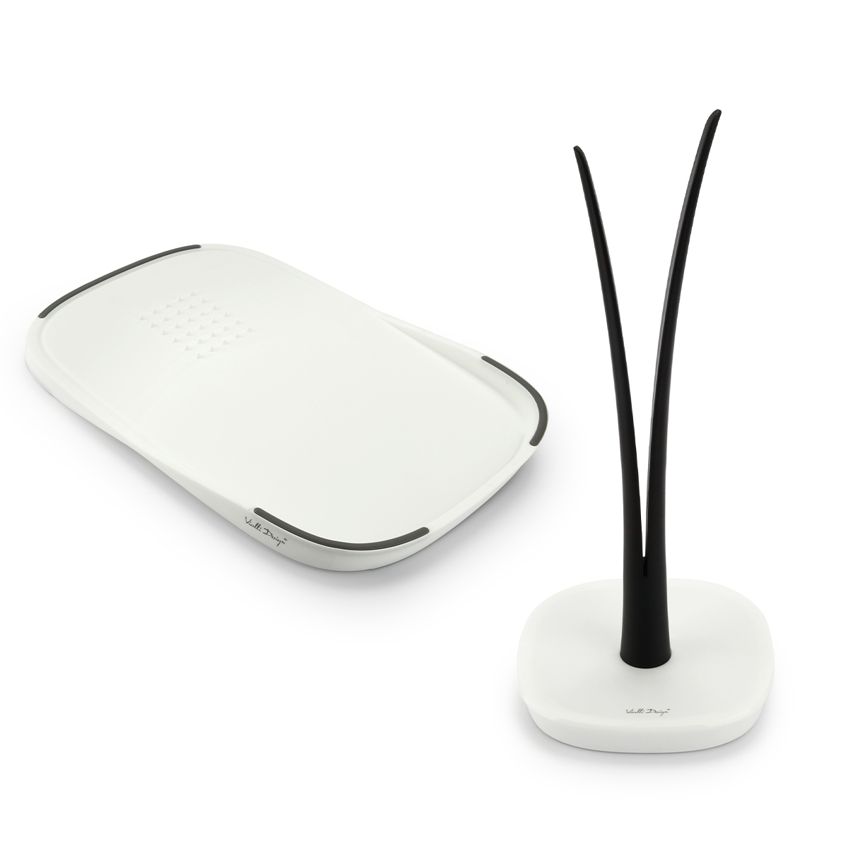 Kahepoolne valge lõikelaud kätepaberihoidikuga LIVIO mustvalge - Image 1