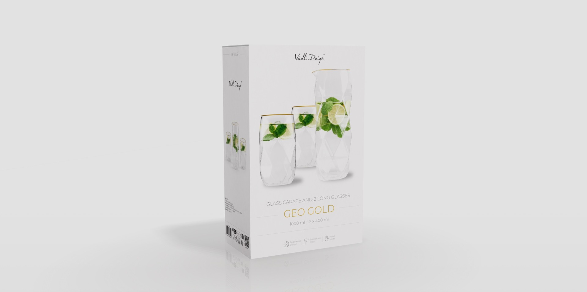 3-osaline komplekt:-osaline 1000 ml karahvin ja 2 kõrget 400 ml klaasist kuldäärega Geo Gold - Pilt 6